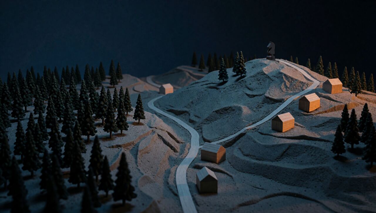 Geländesandkasten bei Nacht mit Wald, kleinen Holzhäusern und einem Weg, der auf die höchste Kuppe führt. Dort steht ein schwarzer Springer.