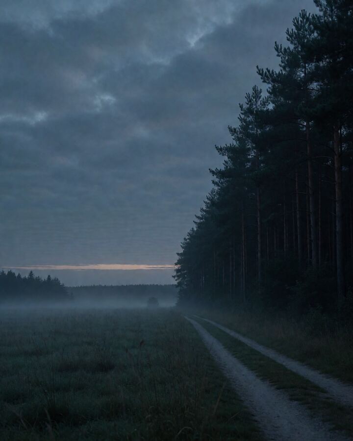 Waldrand mit Feldweg im Nebel in der Abenddämmerung